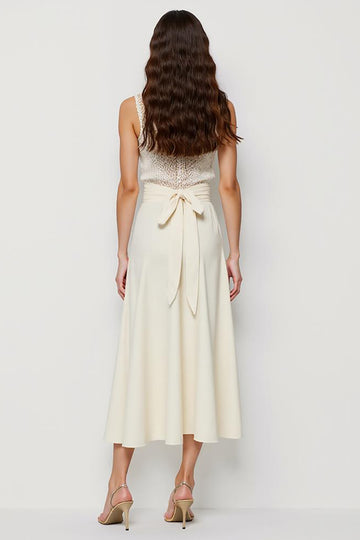 Illusion Neck A Line White Midi Work Dress with Sash